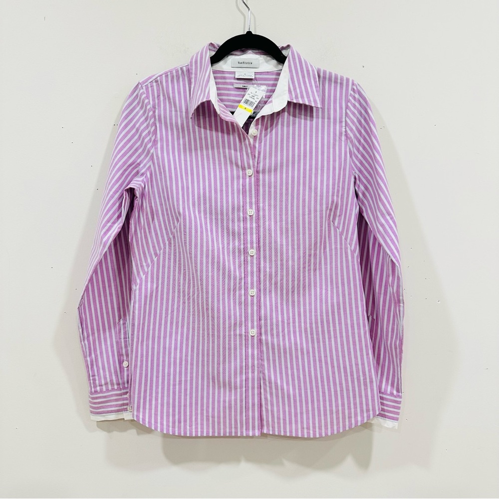 NWT VAN HEUSEN PINK & WHITE STRIPED FITTED BUTTON BLOUSE Size M
